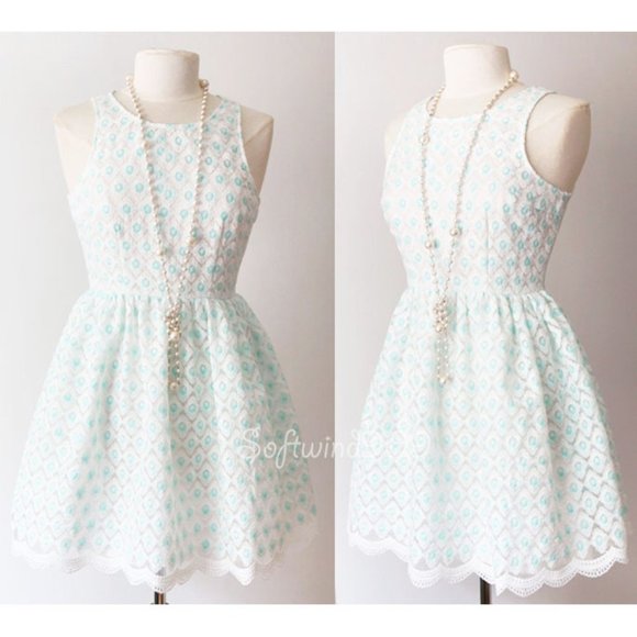 Ivory Blue Floral Embroidery Scallop Skater Dress - Picture 2 of 10